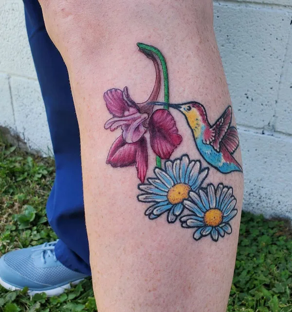 Hummingbird and July Birth Bloom Tattoo